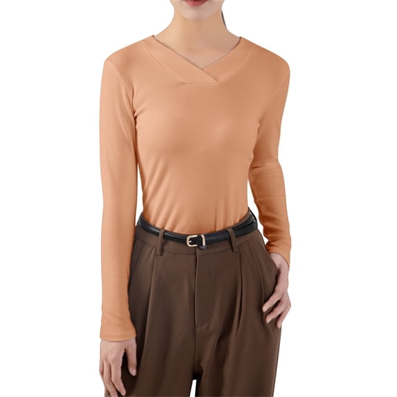 Xuemjiao Womens T Shirts Thermal Tops for Women Lined Shirt Long Sleeve Base Layer V Neck Women's T Shirt Womans Blouse Blusas Mujer (Beige,XL)