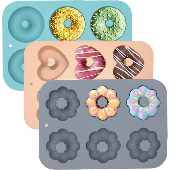 Xuet 3 Pack Silicone Donut Pan for Baking, Non-Stick Doughnut Pan, 6 Cavity Heritage Bundtlette Cake Silicone Mold for Baking (Blue+Gray+Pink)