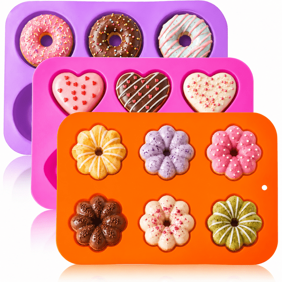 Xuet 3-Pack Silicone Donut Pan Set, 6-Cavity Non-Stick Baking Molds (Blue, Gray, Pink)