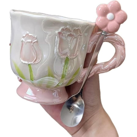 Xuet Coffee Cups,Flower Mugs with Handle (Pink, 10.5cm*9.6cm/4.13 * 3.8in)