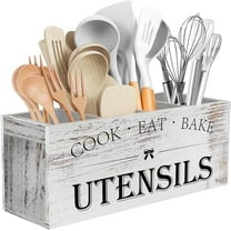 Xuet Extra Large Kitchen Utensils Holder with 4 Compartments, Wooden Utensil Organizer for Kitchen Countertop, Farmhouse Decor, Rustic Cooking Utensil - White grain