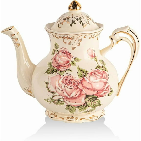 Xuet Pink Rose Teapot, 25oz/ 3 Cup Vintage Ivory Ceramic Tea Pot, Floral Teapot with Gold Trim, Gifts for Women