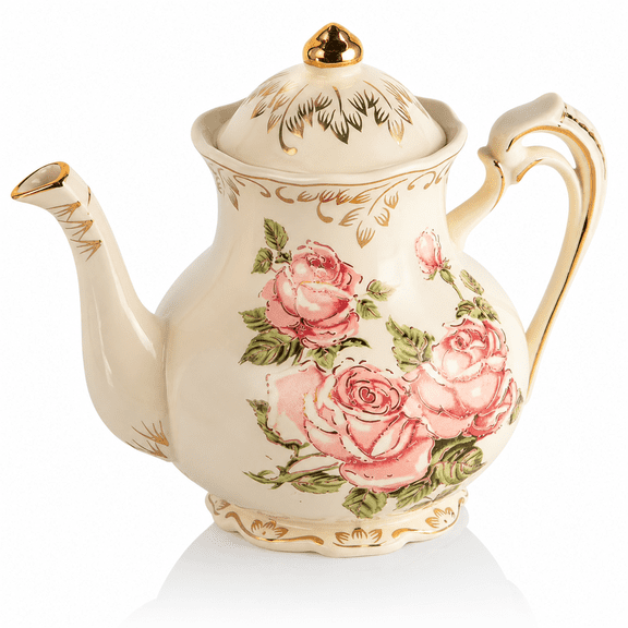 Xuet Pink Rose Teapot, 25oz/ 3 Cup Vintage Ivory Ceramic Tea Pot, Floral Teapot with Gold Trim, Gifts for Women