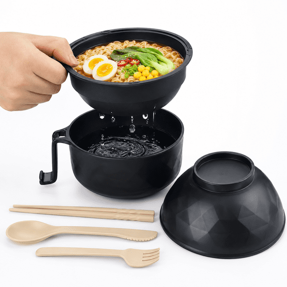 Xuet 33oz Microwave Ramen Cooker Bowl Set with Utensils, Black