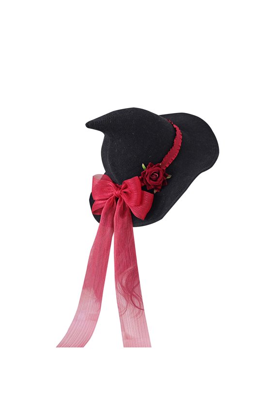 Witch Hat Women's Solid Color Halloween Rose Flower Big Bow Halloween Witch Hats