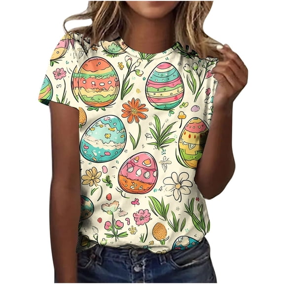 Xuety Womens Plus Size Easter Tops 2026 Sunner T-Shirt Cute Bunny Graphic Casual Crew Neck Short Sleeve Loose Tunic Tops
