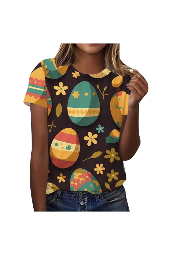 Womens Plus Size Easter Tops 2026 Sunner T-Shirt Cute Bunny Graphic Casual Crew Neck Short Sleeve Loose Tunic Tops