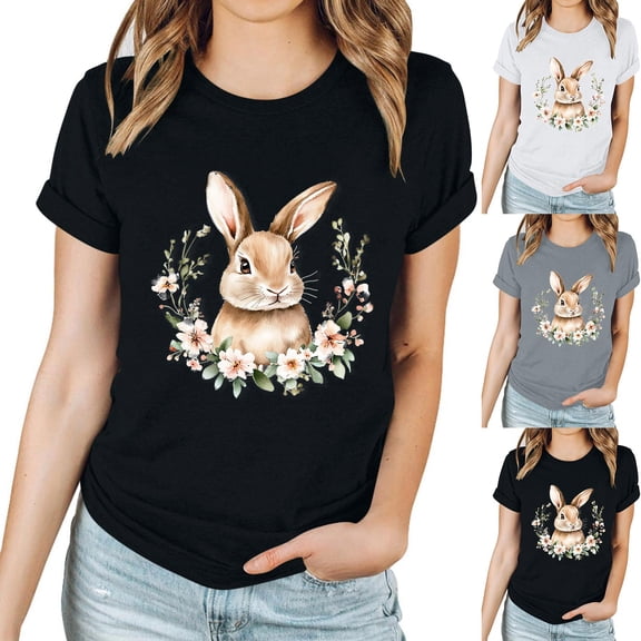 Xuety Womens Plus Size Easter Tops Easter Day Bunny Eggs Graphic Tshirt Hanging with Cute Print Novelty Tops Tee