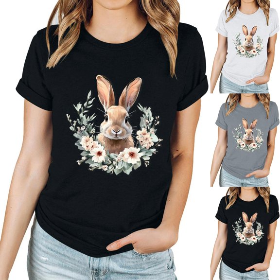 Xuety Womens Plus Size Easter Tops Happy Easter Graphic Spring Shirt Cute Bunny Printed Blouse Casual Short Sleeve Tops