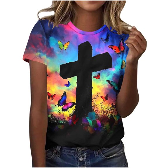 Xuety Womens Plus Size Easter Tops Religious Easter Shirt Short Sleeve Christian Gifts Easter Day Tops Cross Printed Blouse