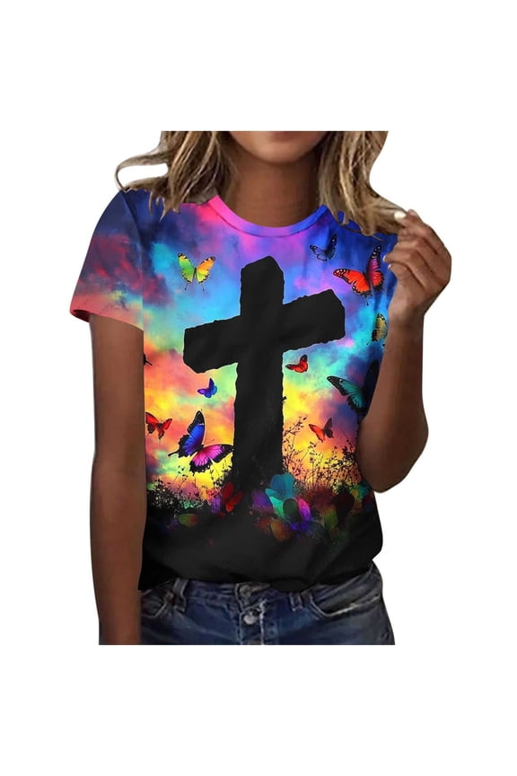Womens Plus Size Easter Tops Religious Easter Shirt Short Sleeve Christian Gifts Easter Day Tops Cross Printed Blouse