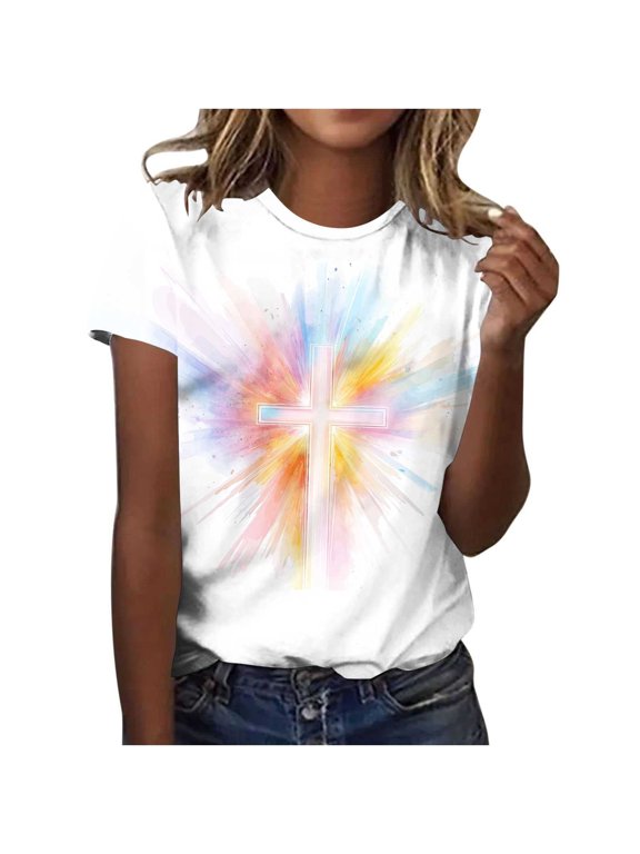 Womens Plus Size Easter Tops Religious Easter Shirt Short Sleeve Christian Gifts Easter Day Tops Cross Printed Blouse