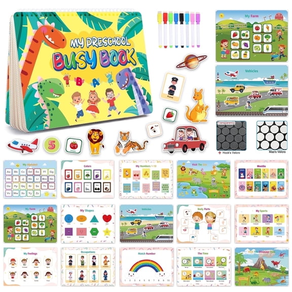 Xueyu Educational Montessori Preschool Learning Activities Busy Book for Toddlers Ages 3 and Up Autism Sensory Toys for Boy Girl Gifts with 16 Themes, 8 Erasable Colored Pens
