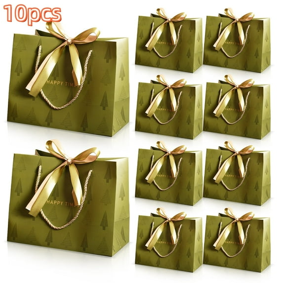 Xugoox 10-Piece Medium Handle Gift Bags, 9.84x7.87x4.72 inches with bow ribbon, suitable for weddings, birthdays, bridesmaids/groomsmen, party favors, Thanksgiving, Christmas - Green