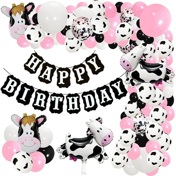 Xugoox 102 Cow Birthday Party Decorations, Cow Print Balloons Garland Arch Kit with Happy Birthday Banner Pink Cow Balloon Latex Balloons, Farm Animals Balloons, Cow Themed Party Supplies