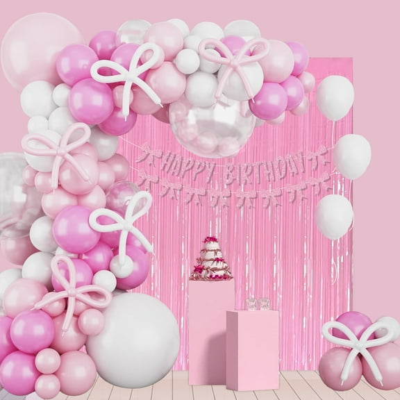 Xugoox 123 Pcs Pink Bow Birthday Decorations for Women Girls Including White Pink Balloons Pink Bow Happy Birthday Banner Pink Fringe Curtains Long Latex Balloons for Birthday Party Suppies