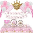 thumbnail image 1 of Xugoox 143pcs Princess Plates and Napkins Party Supplies Pink Princess Birthday Decoations for Gilrs with Paper Plates Napkins Cups Knifes Forks Spoons Tablecloth Banner Latex Balloons, 16 Guests, 1 of 5