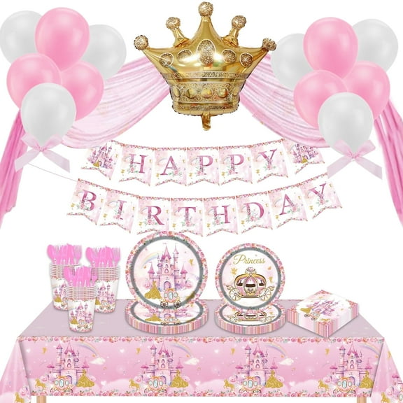 Xugoox 143pcs Princess Plates and Napkins Party Supplies Pink Princess Birthday Decoations for Gilrs with Paper Plates Napkins Cups Knifes Forks Spoons Tablecloth Banner Latex Balloons, 16 Guests