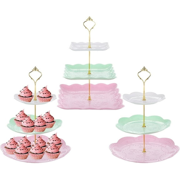 Xugoox 3 Pcs 3 Tier Cupcake Stand Dessert Table Display for Birthday Wedding Party, 2 Round and 1 Square