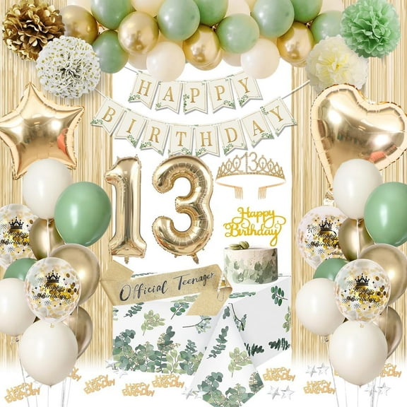 Xugoox 52 Pcs 13th Birthday Decorations for Girls, Sage Green Birthday Decorations Kit with Happy Birthday Banner Sash Crown Tablecloth Fringe Curtain Green Balloons for 13 Year Old Party Decor