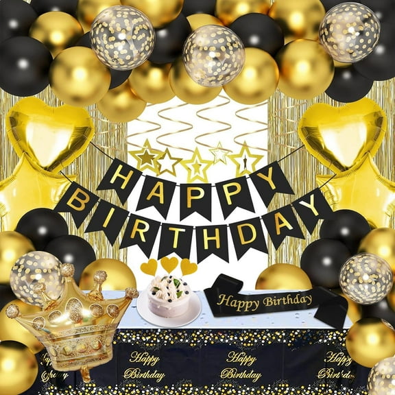 Xugoox 71 pcs Black and Gold Birthday Decorations for Men Women with Happy Birthday Banner Crown Star Heart Balloons Hanging Swirls Curtains Tablecloth Sash Cake Toppers for Black Gold Party Decor