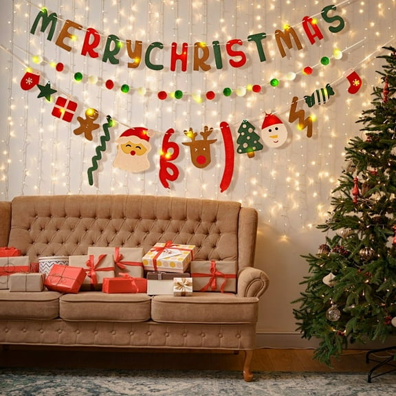 Xugoox Christmas Decorative Banner, Indoor Home Decor, with LED Lights, Merry Christmas Banner, Pull-Up Banner, and Red, White, and Green Pom-Pom Beaded Decorations.