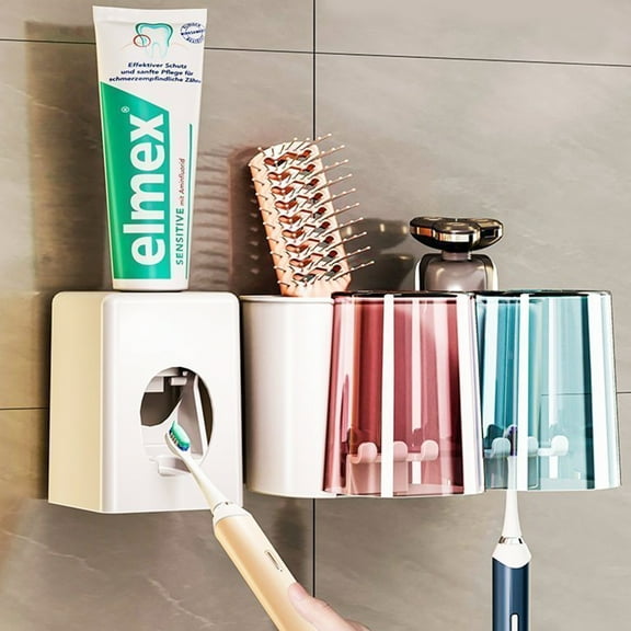 Xugoox Wall-Mounted Toothbrush Holder with Automatic Toothpaste Dispenser, 4 Toothbrush Slots, 2 Toothpaste Cups, Suitable for Kids and Adults, Couple's Style.
