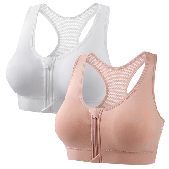 Xugsiok 2Pc Zip Front Sports Bra for Women Gathered Racerback Medium Support Post Surgery Yoga Bra