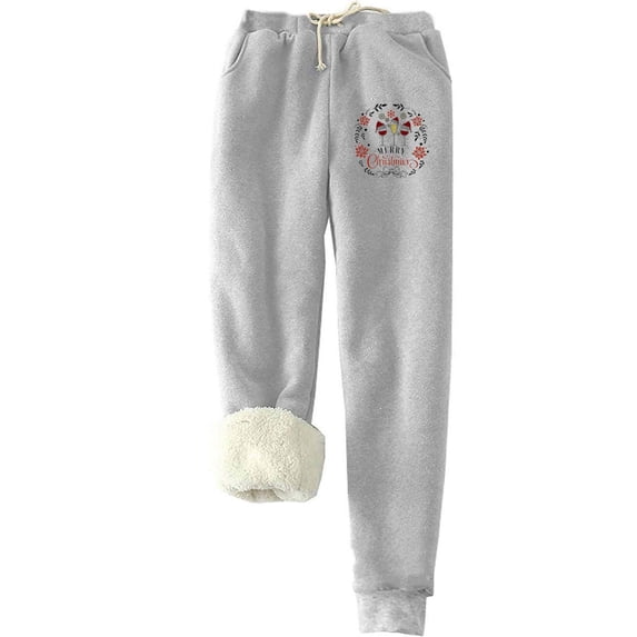 Xugsiok Fleece Leggings for Women Fall Winter Christmas Print Thick Warm Sweatpants Drawstring with Pockets Gray,S