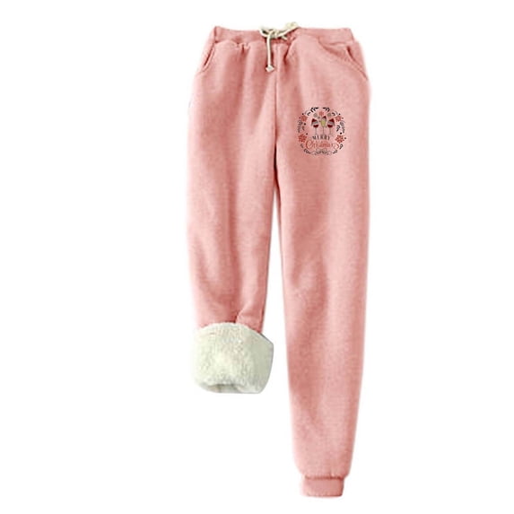 Xugsiok Fleece Leggings for Women Fall Winter Christmas Print Thick Warm Sweatpants Drawstring with Pockets Pink,L