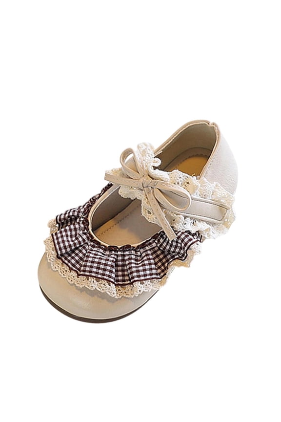 Girls Casual Shoes Fashion Spring Summer Versatile Vintage Plaid Ruffle Trim Ribbon Bow Flat Soft Sole Round Toe Leather Shoes