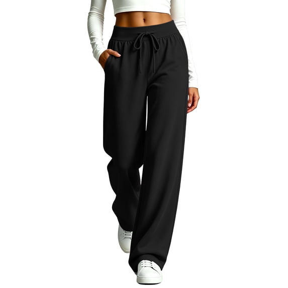 Xugsiok High Waist Sweatpants for Women Wide Leg Drawstring Loose Fit with Pockets Athletic Jogger Fall Outfits Black,XL