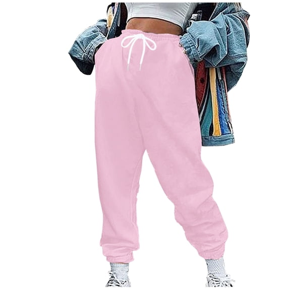 Xugsiok Jogger Pants for Women Solid Color Drawstring Elastic Waist Cuffed Sweatpants with Pockets Streetwear Workout Running Fall Outfits Pink,2XL