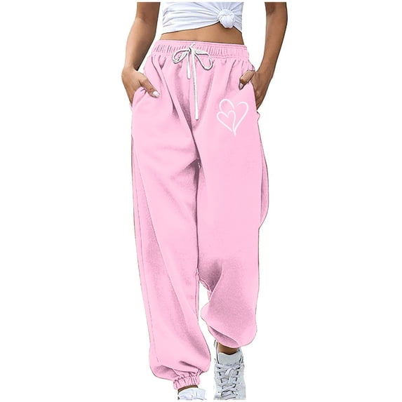 Xugsiok Wide Leg Sweatpants for Women Drawstring with Pockets Print Casual Loose Fit Joggers Fall Outfits Pink,XL