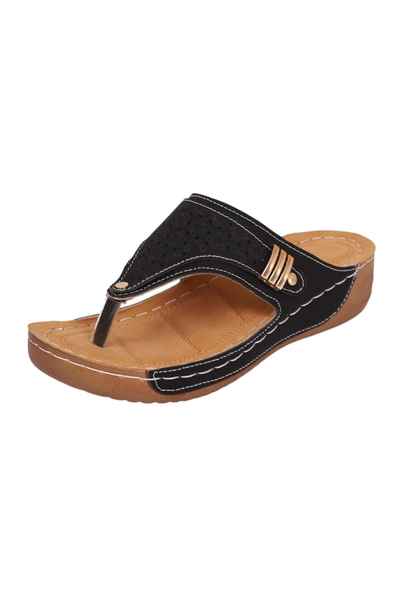 Womens Wedge Sandals Versatile Casual Metal Trim Perforated Spring Summer Trendy Comfortable Flip Flops