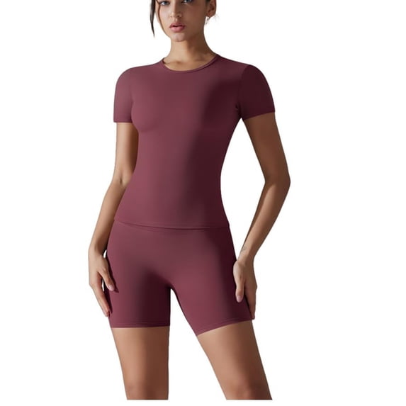 Xuhomer 2 Piece Active Workout Suits for Women Short Sleeve Crew Neck T-Shirt and High Waist Shorts Yoga Outfits Gym Exercise Outfits Wine L