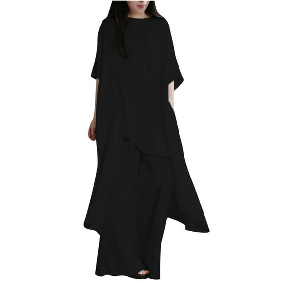 Xuhomer 2 Piece Linen Suits s for Women 3/4 Sleeve Irregular Off Blouse and Wide Leg Pants Macthing Suits s Travel Vacation Loungewearwear StreetSuits s Black XXXL