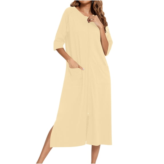 Vhkiploz 3/4 Sleeves Nightgown for Women Full Zipper Robe V-Neck Sleepwear Summer Nightdress Loose Pajamas Dress Solid Color Below-the-Knee NightShirt with Pockets