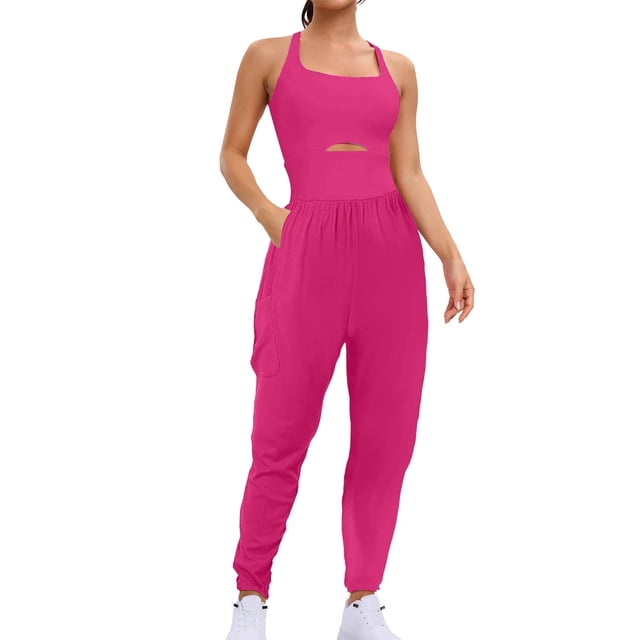 Xuhomer Active Workout Jumpsuit For Women Hollow Solid Color Wide Legs Tank Rompers Running Yoga Gym Cami Overall Summer Long Pant Outfits Exercise Jumpsuit