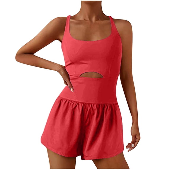 Xuhomer Active Workout Jumpsuit For Women Hollow Solid Color Wide Legs Tank Rompers Tennis Running Yoga Gym Cami Overall Summer Short Pant Outfits Exercise Jumpsuit