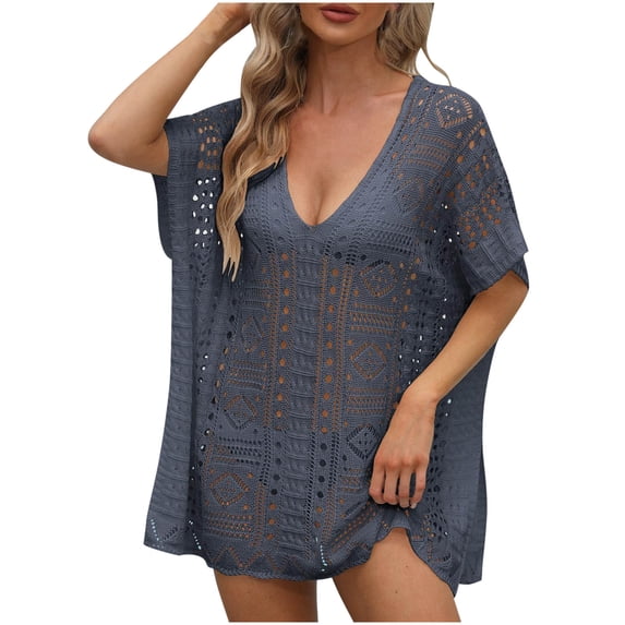 Xuhomer Beach Cover Ups for Women Knitted Hollow Short Sleeve V-Neck Crochet Summer Cover Up Bikini Swimsuits Bathing Suits Loose Tunics Sunscreen Cover Swimsuit Cover-up Dress Gray Free Size