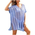 thumbnail image 1 of Xuhomer Beach Cover Ups for Women Sprited Knitted Hollow Short Sleeve V-Neck Split Summer Cover Up Bikini Swimsuits Bathing Suits Loose Sunscreen Cover Swimsuit Cover-up Dress Blue Free Size, 1 of 7