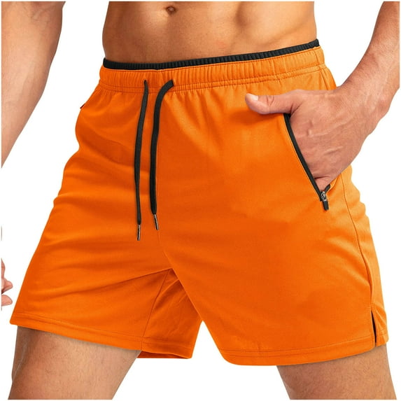 Vhkiploz Beach Pants for Men's Solid Color Breathable Sports Shorts Casual Training Active Workout Vacation Swimming Trunk with Pockets Orange S
