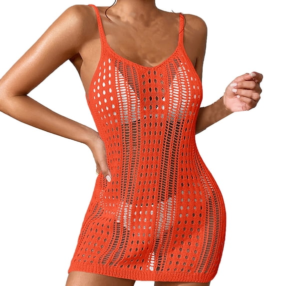 Xuhomer Beach Tank Cover Ups for Women Knitted Hollow Sleeveless Crew Neck Split Summer Cover Up Bikini Swimsuits Bathing Suits Cami Sunscreen Cover Swimsuit Cover-up Dress Orange Free Size
