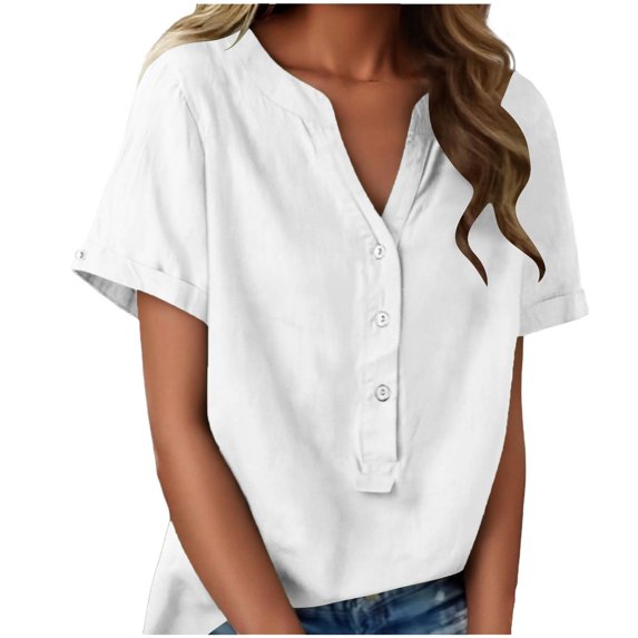 Xuhomer Button Down Shirts For Women Summer Linen Top Half-Open Front V-Neck Short Sleeve Going Out Blouses Collared Button-Up Gauze Tops