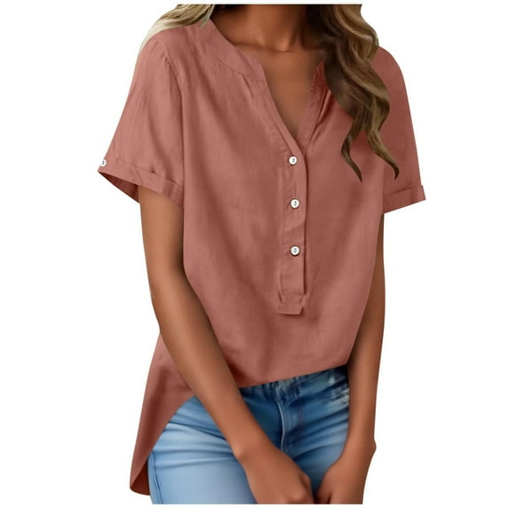 Vhkiploz Button Down Shirts For Women Summer Linen Top Half-Open Front V-Neck Short Sleeve Going Out Blouses Collared Button-Up Gauze Tops