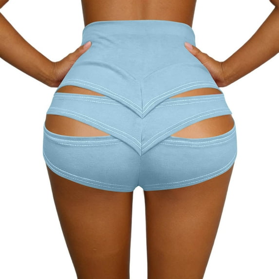 Vhkiploz Cut Out Yoga Shorts for Women Solid Color High Waist Sweat Short Running Gym Active Workout Booty Shorts Hot Pants Light Blue L