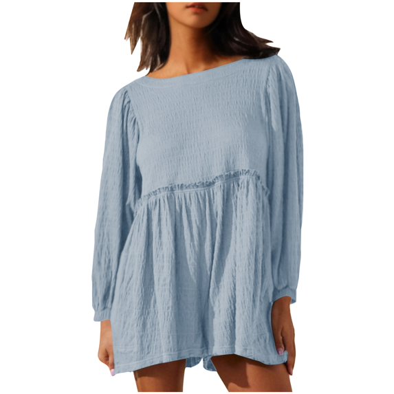 Vhkiploz Fall Romper For Women Crew Neck Long Sleeve Pleated Elastic Waisted Shorts Overalls Casual Vacation Stretch Solid Color Cami Shorts Outfits