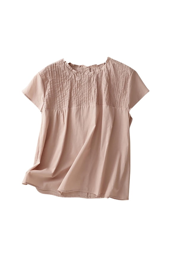 Linen Shirts for Women Pleated Solid Color Button Down V-Neck Short Sleeve Tunics Blouse Casual Business Work Loose Summer Tops Reversible Tees
