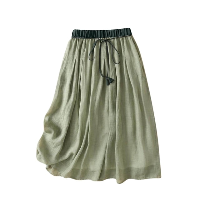 Vhkiploz Linen Skirt for Women Lace- Up Solid Color Layered Elastic High Waist A-Line Summer Long Skirt Business Work Vacation Casual SkirtGreen 2XL